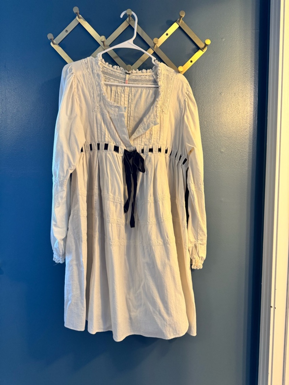 Free People Cream Mini Dress with Black Ribbon